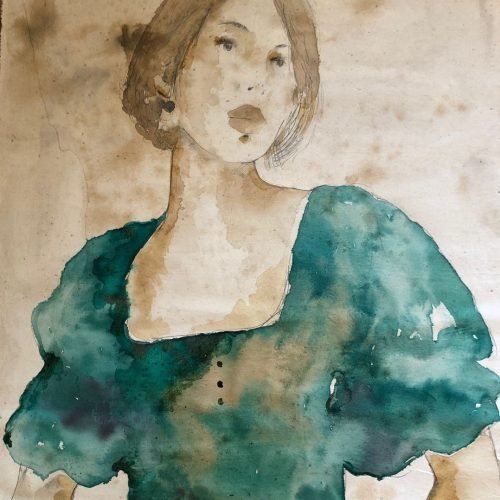 Valeria Patrizi, Una ragazza, tecnica mista su tela grezza, cm 98x116.