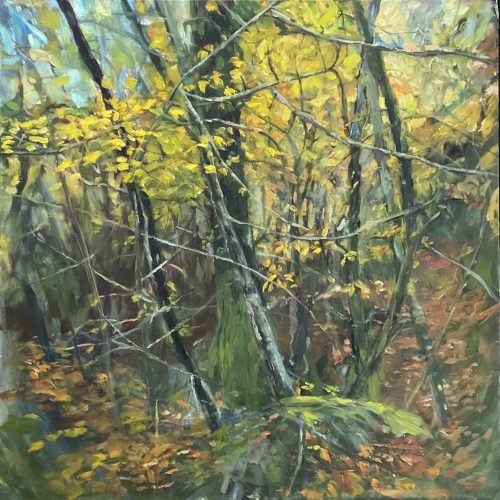 Lucy Toop, winter yellow, tecnica mista su tela, cm 70x70.